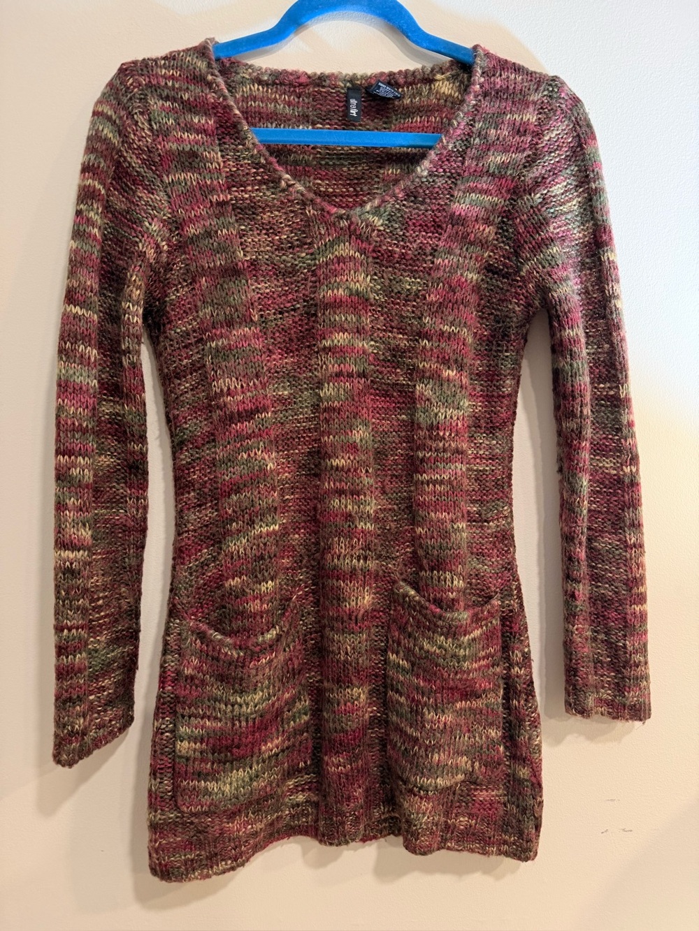 Ultra Flirt Long-Sleeve V-Neck Sweater Dress in Pink and Green Blend